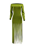 Green Sexy Cute Tassel Off Shoulder Long Sleeve Slim Fitting Dress MTY6598-2