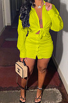 Yellow Womenswear Casual Pure Color Sexy Shirt  Button Skirts Two-Piece AA5219-2