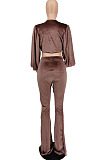 Grey Wholesale New Puff Sleeve Bandage Crop Tops High Waist Flare Pants Plain Suit PU6102-3