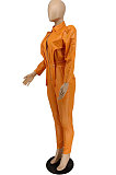 Black New Fashion Leather Long Sleeve Lapel Neck Zipper Collect Waist Jumpsuits PU6802-1