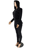Purple Casual Simple Velvet Long Sleeve Zipper Hoodie Skinny Pants Plain Suit PU6801-2