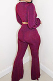Grey Wholesale New Puff Sleeve Bandage Crop Tops High Waist Flare Pants Plain Suit PU6102-3