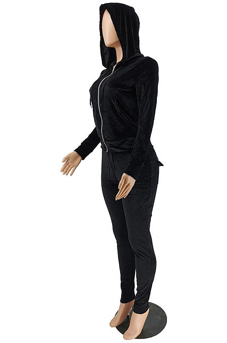 Pink Casual Simple Velvet Long Sleeve Zipper Hoodie Skinny Pants Plain Suit PU6801-1