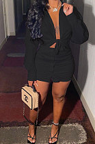 Black Womenswear Casual Pure Color Sexy Shirt  Button Skirts Two-Piece AA5219-5