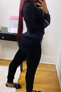 Black Casual Simple Velvet Long Sleeve Zipper Hoodie Skinny Pants Plain Suit PU6801-3