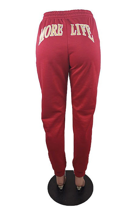 Wine Red Autumn Winter Pure Color Casual Mid Waist Long Pants BLE2177