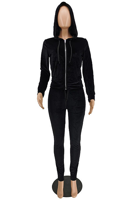Pink Casual Simple Velvet Long Sleeve Zipper Hoodie Skinny Pants Plain Suit PU6801-1