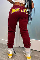 Wine Red Autumn Winter Pure Color Casual Mid Waist Long Pants BLE2177