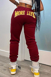 Wine Red Autumn Winter Pure Color Casual Mid Waist Long Pants BLE2177