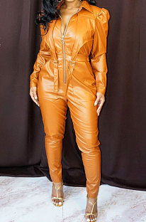 Orange New Fashion Leather Long Sleeve Lapel Neck Zipper Collect Waist Jumpsuits PU6802-2