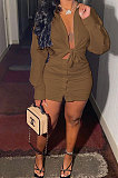 Yellow Womenswear Casual Pure Color Sexy Shirt  Button Skirts Two-Piece AA5219-2