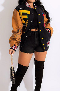 Orange Women's Color Matching Press Buttons Fashion Printing Ribber Baseball Uniform Outerwear MLM9081-3