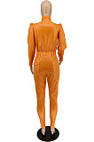 Black New Fashion Leather Long Sleeve Lapel Neck Zipper Collect Waist Jumpsuits PU6802-1