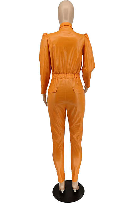Black New Fashion Leather Long Sleeve Lapel Neck Zipper Collect Waist Jumpsuits PU6802-1