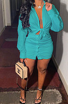 Cyan Womenswear Casual Pure Color Sexy Shirt  Button Skirts Two-Piece AA5219-7