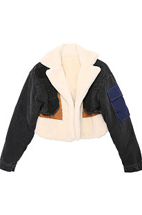 Black High Quality Fashion Velvet Jeans Spliced Winter Zipper Coat LWJ10205-4