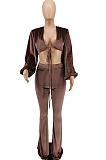 Coffee Wholesale New Puff Sleeve Bandage Crop Tops High Waist Flare Pants Plain Suit PU6102-1