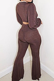 Grey Wholesale New Puff Sleeve Bandage Crop Tops High Waist Flare Pants Plain Suit PU6102-3