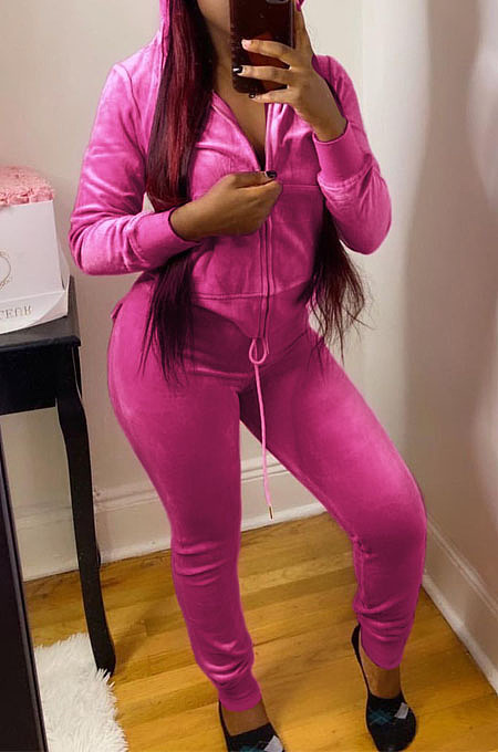 Pink Casual Simple Velvet Long Sleeve Zipper Hoodie Skinny Pants Plain Suit PU6801-1