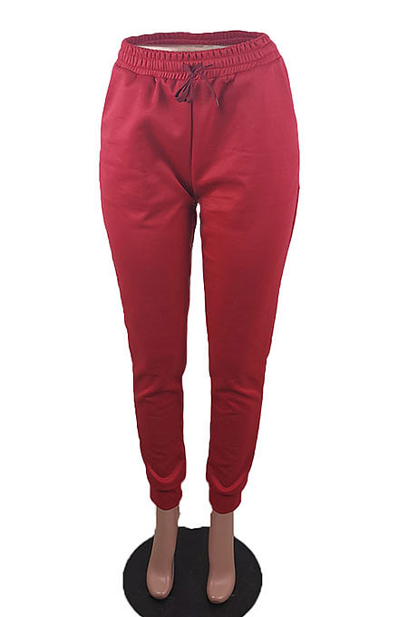 Wine Red Autumn Winter Pure Color Casual Mid Waist Long Pants BLE2177