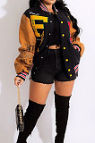 Black Women's Color Matching Press Buttons Fashion Printing Ribber Baseball Uniform Outerwear MLM9081-1