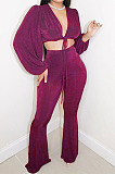 Rose Red Wholesale New Puff Sleeve Bandage Crop Tops High Waist Flare Pants Plain Suit PU6102-4