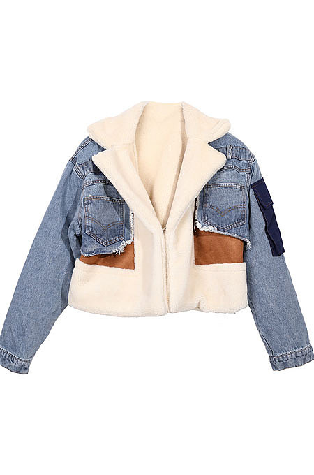 Dark Blue High Quality Fashion Velvet Jeans Spliced Winter Zipper Coat LWJ10205-1