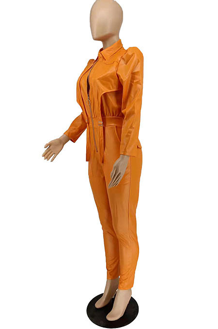 Orange New Fashion Leather Long Sleeve Lapel Neck Zipper Collect Waist Jumpsuits PU6802-2