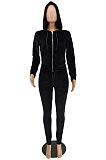 Purple Casual Simple Velvet Long Sleeve Zipper Hoodie Skinny Pants Plain Suit PU6801-2