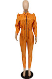 Black New Fashion Leather Long Sleeve Lapel Neck Zipper Collect Waist Jumpsuits PU6802-1