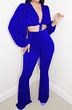 Grey Wholesale New Puff Sleeve Bandage Crop Tops High Waist Flare Pants Plain Suit PU6102-3