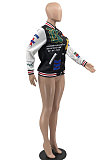 Green Women's Color Matching Press Buttons Fashion Printing Ribber Baseball Uniform Outerwear MLM9081-2