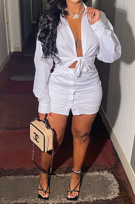 Black Womenswear Casual Pure Color Sexy Shirt  Button Skirts Two-Piece AA5219-5
