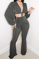 Grey Wholesale New Puff Sleeve Bandage Crop Tops High Waist Flare Pants Plain Suit PU6102-3