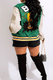 Green Women's Color Matching Press Buttons Fashion Printing Ribber Baseball Uniform Outerwear MLM9081-2