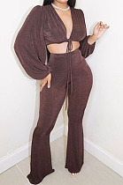 Coffee Wholesale New Puff Sleeve Bandage Crop Tops High Waist Flare Pants Plain Suit PU6102-1