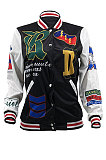 Black Women's Color Matching Press Buttons Fashion Printing Ribber Baseball Uniform Outerwear MLM9081-1