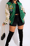 Black Women's Color Matching Press Buttons Fashion Printing Ribber Baseball Uniform Outerwear MLM9081-1