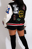 Black Women's Color Matching Press Buttons Fashion Printing Ribber Baseball Uniform Outerwear MLM9081-1