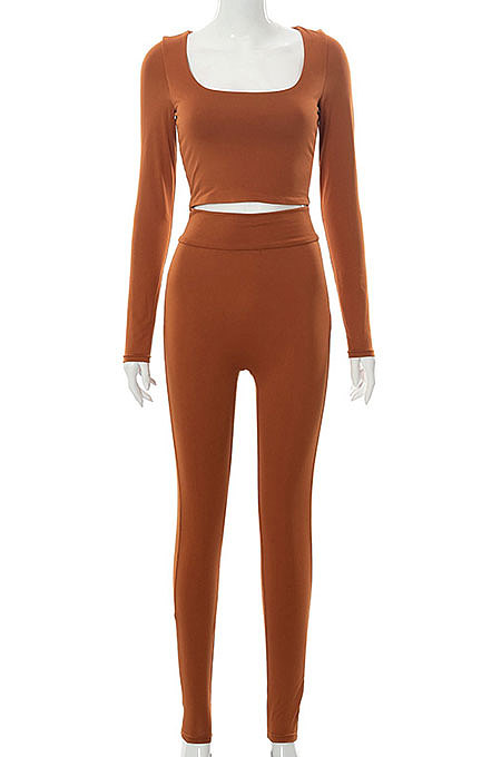 Coffee Euramerican Women's Autumn Pure Color Long Sleeve High Waist Tight Pants Sets MXXB572-5