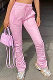 Black Women's High Waist Pure Color Ruffle Drawsting Casual Long Pants YFF0618-2