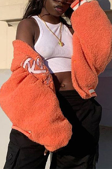 Orange Euramerican Winter Sherpa Letters Printing Velvet Outerwear LGF196462