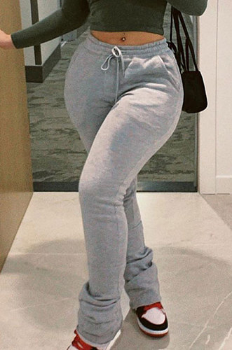 Gray Women's High Waist Pure Color Ruffle Drawsting Casual Long Pants YFF0618-1