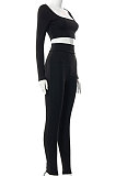 Coffee Euramerican Women's Autumn Pure Color Long Sleeve High Waist Tight Pants Sets MXXB572-5