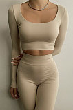 Brown Euramerican Women's Autumn Pure Color Long Sleeve High Waist Tight Pants Sets MXXB572-4