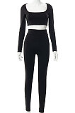 Black Euramerican Women's Autumn Pure Color Long Sleeve High Waist Tight Pants Sets MXXB572-1