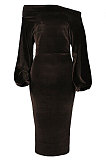Green Luxe Elegant Velvet Oblique Shoulder Collect Waist Wrap Dress SMR5309-3