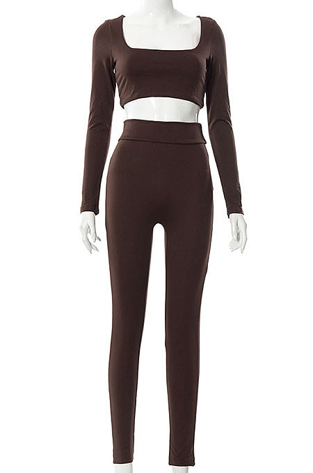 Coffee Euramerican Women's Autumn Pure Color Long Sleeve High Waist Tight Pants Sets MXXB572-5