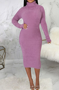 Purple Simple New High Quality Long Sleeve O Neck Slim Fitting Sweater Dress SMR5389-5