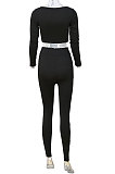 White Women Fashion Solid Color Long Sleeve Square Neck High Waist Long Pants Sets WMDZ834-1